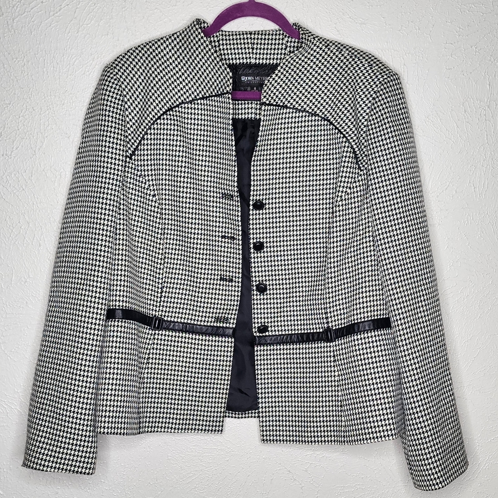 John Meyer Collection Vintage Houndstooth Blazer with Faux Leather Work Jacket - Picture 2 of 11